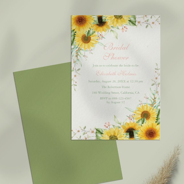 Convite Boho Sunflower Delight Chá de panela (Boho Sunflower Delight Bridal Shower Invitation on a table.)