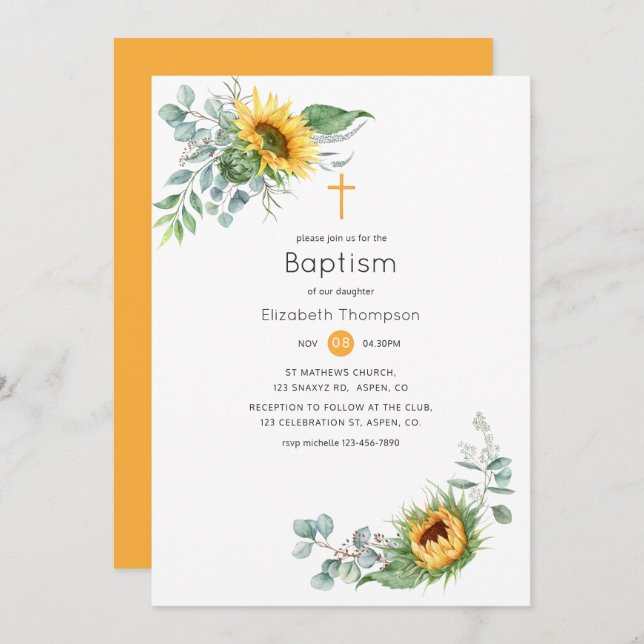 Convite Boho Sunflower Eucalyptus Baptism (Frente/Verso)