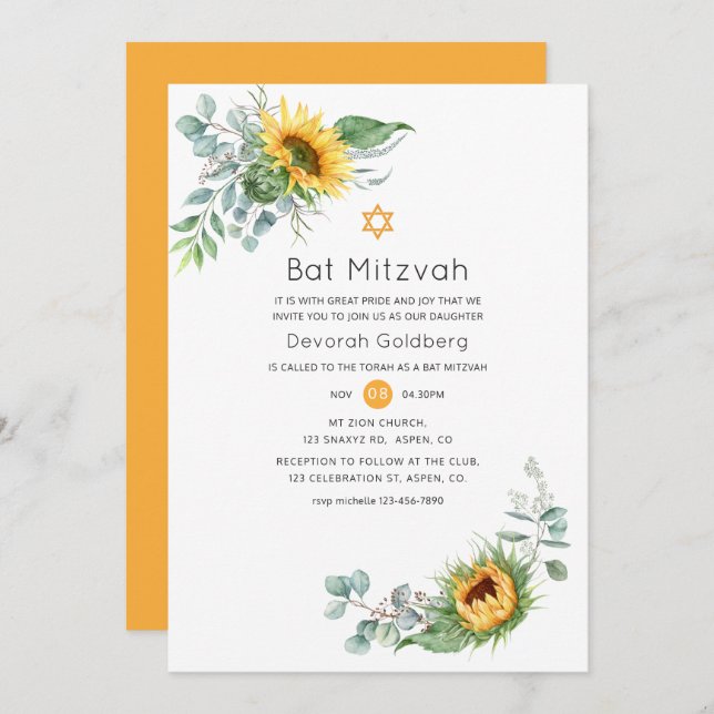 Convite Boho Sunflower Eucalyptus Bat Mitzvah (Frente/Verso)
