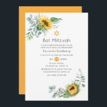 Convite Boho Sunflower Eucalyptus Bat Mitzvah<br><div class="desc">O girassol brilhante e o eucalipto selvagem verde temido bat mitzvah convidam personalizável para suas especificidades de evento.</div>