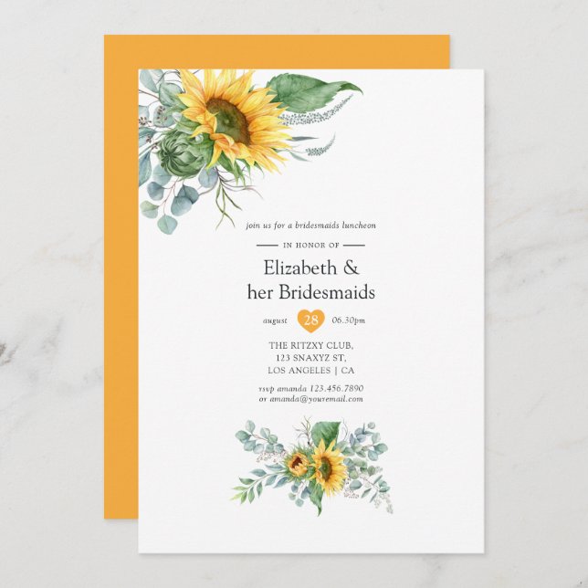 Convite Boho Sunflower Eucalyptus Bridesmaids Luncheids (Frente/Verso)