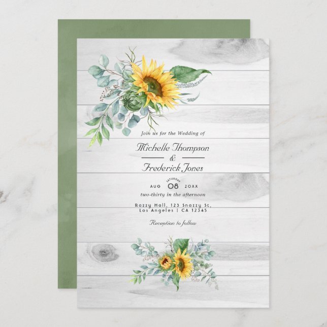 Convite Boho Sunflower Eucalyptus Código QR Casamento RSVP (Frente/Verso)