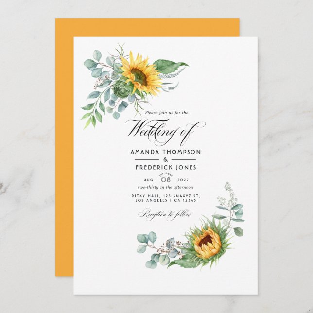 Convite Boho Sunflower Eucalyptus - Foto de Casamento (Frente/Verso)