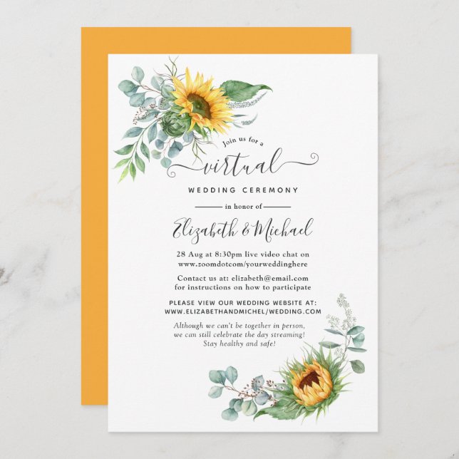 Convite Boho Sunflower Eucalyptus Online Casamento Virtual (Frente/Verso)