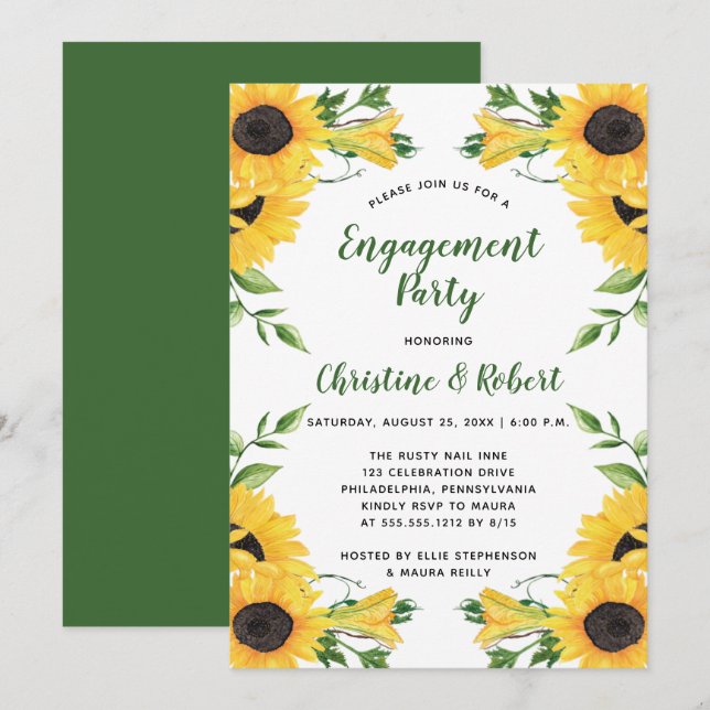 Convite Boho Sunflower Floral | Festa de noivado verde (Frente/Verso)
