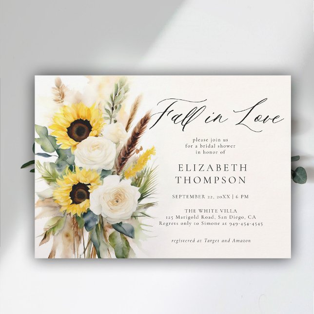 Convite Boho Sunflower Rosa Pampas Chá de panela Russo (fall in love bridal shower invitation sunflower boho pampas terracotta watercolor elegant modern )