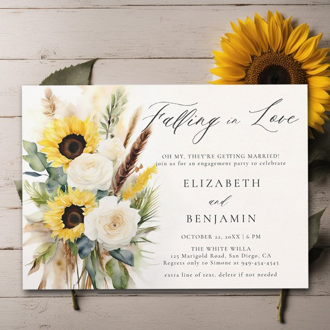 Convite Boho Sunflower Rosa Pampas Festa de noivado russa (fall engagement party invitation rustic sunflower rose boho pampas dry grass watercolor elegant rust)