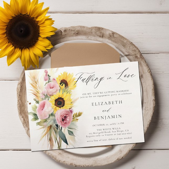 Convite Boho Sunflower Rosa Peony Pampas Festa de noivado (fall engagement party invitation rustic sunflower rose peony boho pampas dry grass watercolor chic)