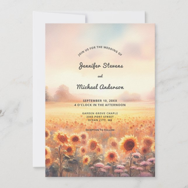 Convite Boho Sunflower Rustic Watercolor Casamento I (Frente)