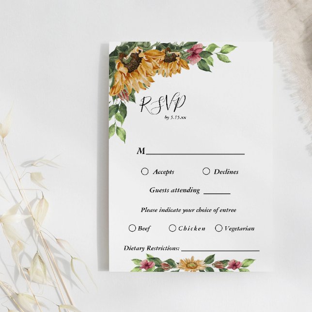 Convite Boho Sunflower Wedding Menu Choice RSVP Card (Criador carregado)