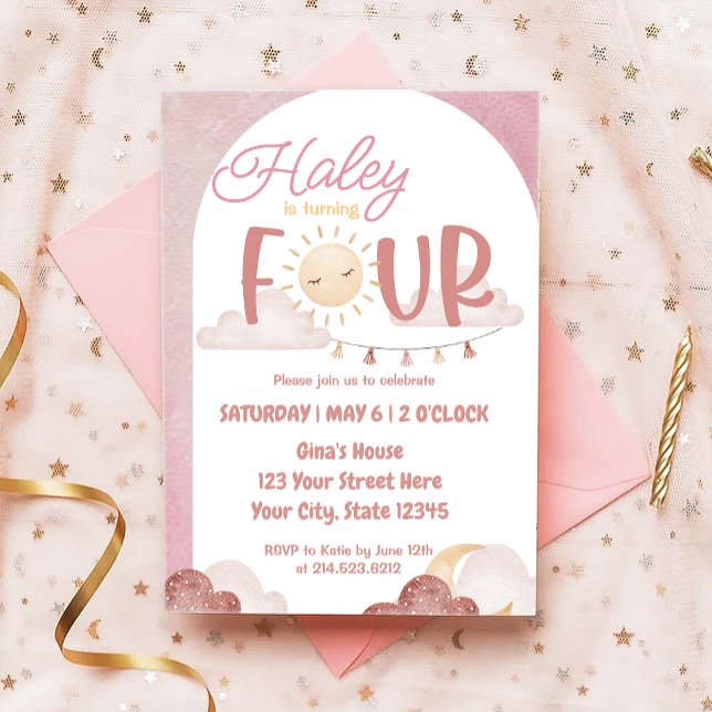 Convite Boho Sunshine 4ª Festa de Aniversário Cama de Água (Criador carregado)