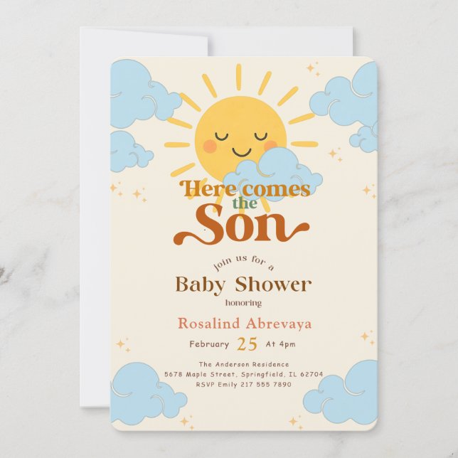 Convite Boho Sunshine Aqui Vem o Sol Chã de Bebê Retro (Frente)