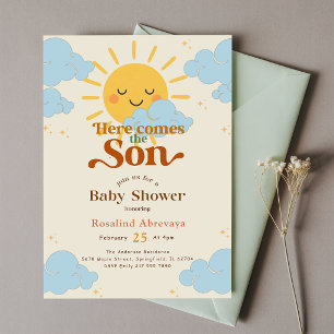 Convite Boho Sunshine Aqui Vem o Sol Chã de Bebê Retro