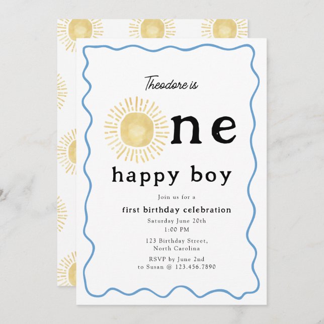 Convite Boho Sunshine Primeiro Aniversário Um Feliz Retro (Frente/Verso)