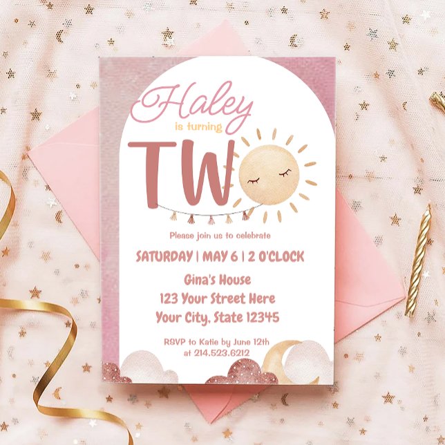 Convite Boho Sunshine - segundo aniversário Party Watercol (Criador carregado)