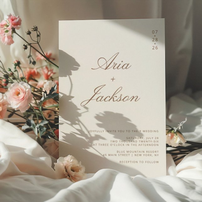 Convite Boho Taupe Calliografia Moderna Casamento com Códi (Criador carregado)