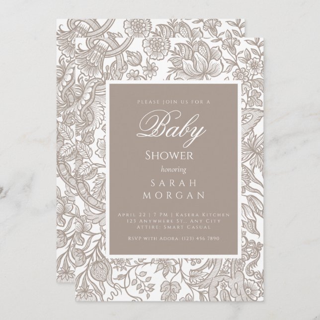 Convite Boho Taupe Fall Line Art Wilflower (Frente/Verso)