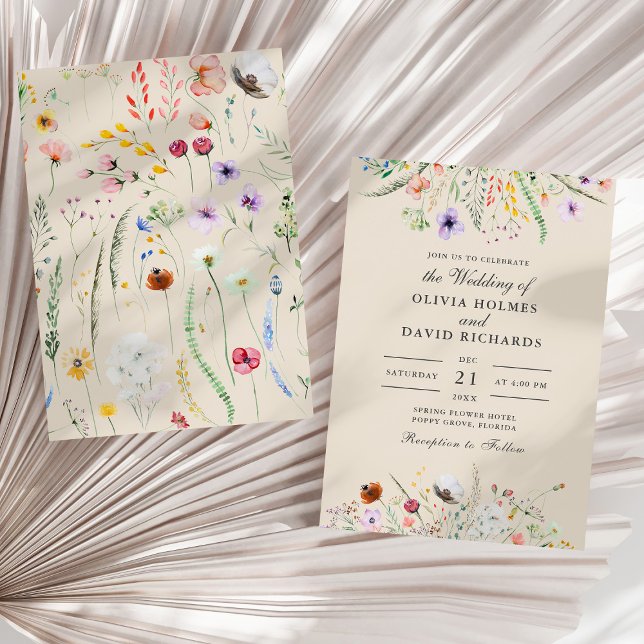 Convite Boho Taupe Wildflower Meadow Wedding (Boho Taupe Wildflower Meadow Wedding Invitation on a sunny neutral dry palm leaf.)