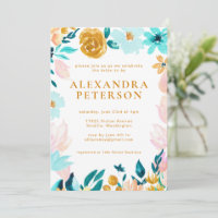 Boho Teal Blue e Dourado Casamento Floral de Aquar