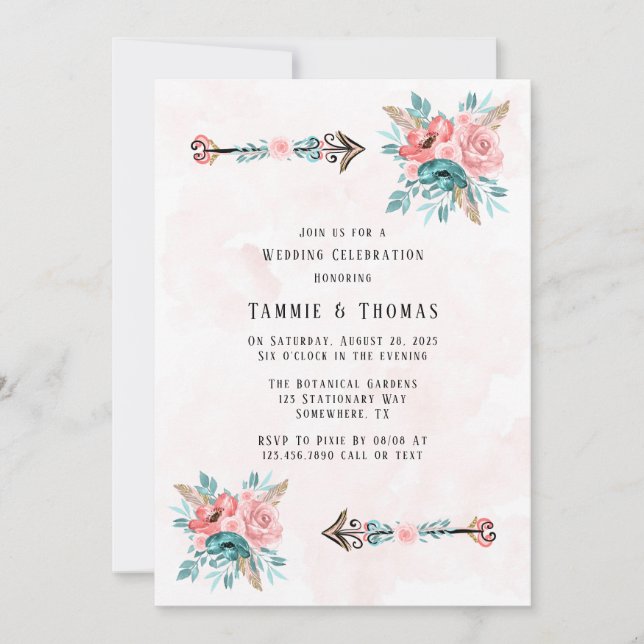 Convite Boho Teal & Pink Peony Flowers Arrows Casamento (Frente)