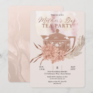 Convite Boho Teapot Hydrangeas Pampas Dia de as mães Tea 