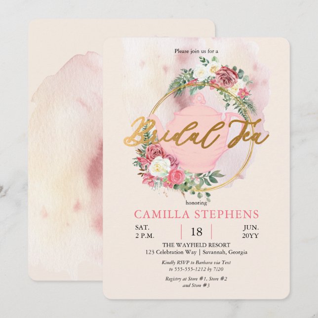 Convite Boho Teapot | Rosa Rosa Rosa Rosa Rosa Rosa Rosa C (Frente/Verso)