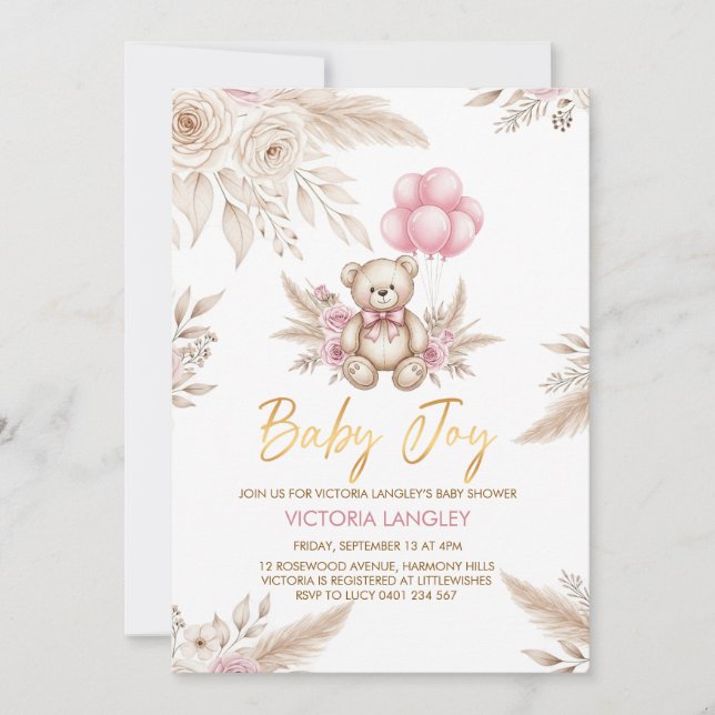 Convite Boho Teddy Bear Baby Shower Invitation (Frente)
