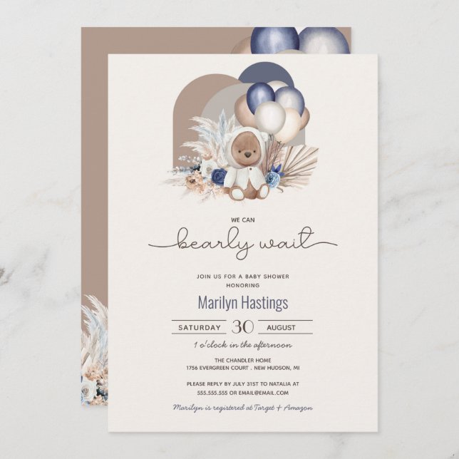 Convite Boho Teddy Bear & Balões - Chá de fraldas de Esper (Frente/Verso)