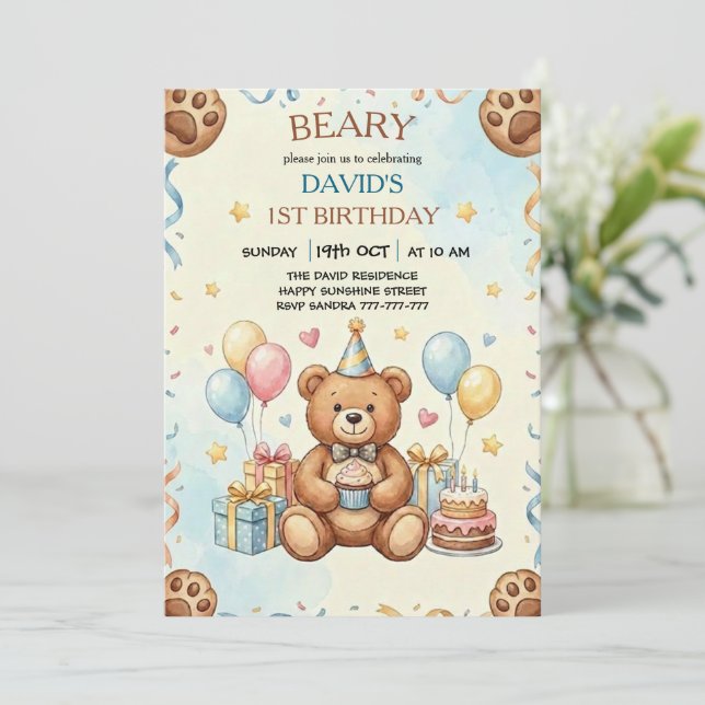 Convite Boho Teddy Bear Beary First 1st Birthday Party (Em pé/Frente)