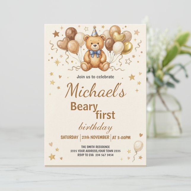Convite Boho Teddy Bear Beary First 1st Birthday Party (Em pé/Frente)