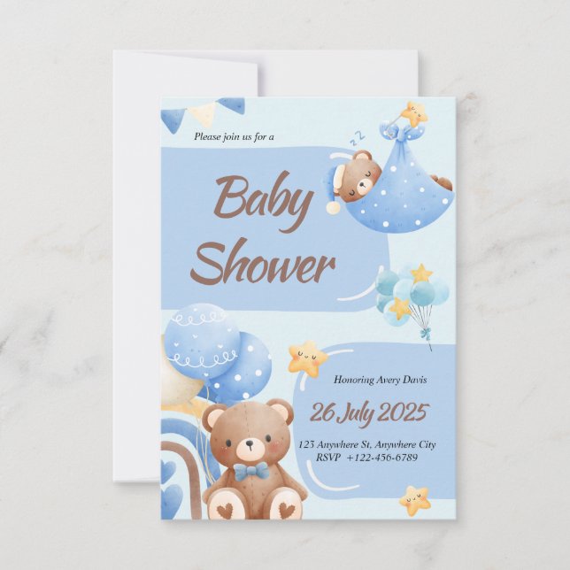 Convite Boho Teddy Bear Boy Blue Baby Shower Invitation (Frente)