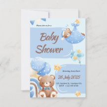 Boho Teddy Bear Boy Blue Baby Shower Invitation