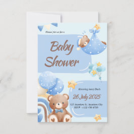 Convite Boho Teddy Bear Boy Blue Baby Shower Invitation