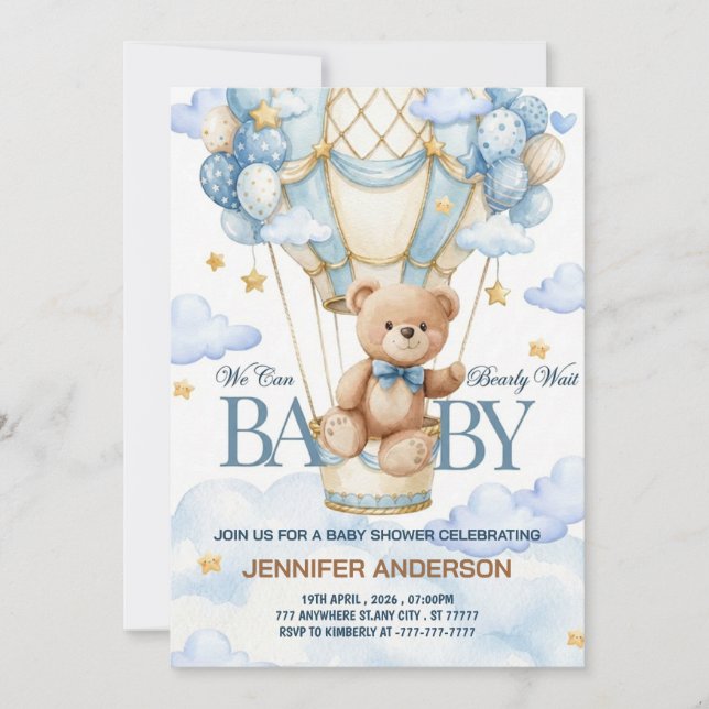 Convite Boho Teddy Bear Boy Blue Bearly Wait Baby Shower (Frente)