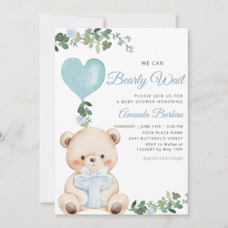 Convite Boho Teddy Bear Boy Blue Bearly Wait Baby Shower