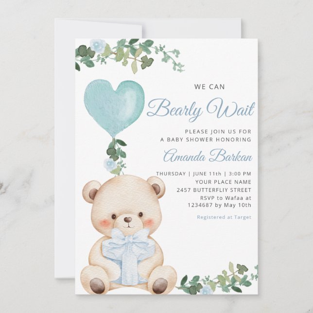 Convite Boho Teddy Bear Boy Blue Bearly Wait Baby Shower  (Frente)