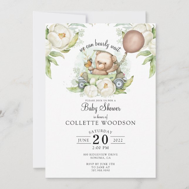 Convite Boho Teddy Bear Brown Sage Green Barly Espera (Frente)