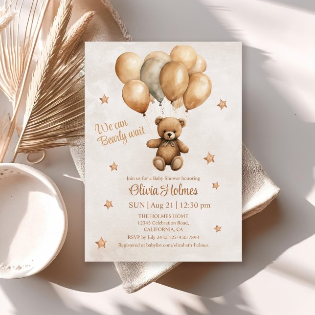 Convite Boho Teddy Bear com Chá de Balões (Boho Teddy Bear with Balloons Shower Invitation on white table with neutral boho decor.)