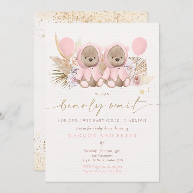 Convite Boho Teddy Bear Gêmeas Bearmente Chá de fraldas de (Frente/Verso)