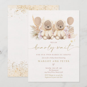 Convite Boho Teddy Bear Gênero Chá de fraldas Gêmeo Neu