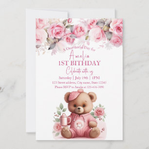 Convite Boho Teddy Bear Girl Pink Bear Floral Aniversário