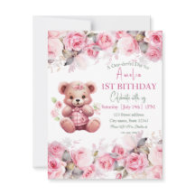 Boho Teddy Bear Girl Pink Bear Floral Birthday
