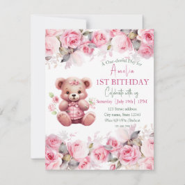 Convite Boho Teddy Bear Girl Pink Bear Floral Birthday