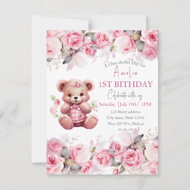 Convite Boho Teddy Bear Girl Pink Bear Floral Birthday (Frente)