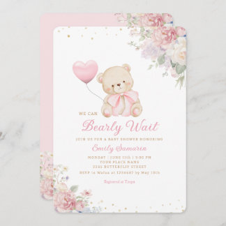 Convite Boho Teddy Bear Girl Pink Bearly Wait Baby Shower