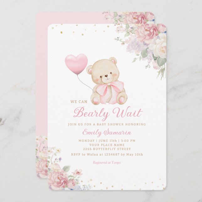 Convite Boho Teddy Bear Girl Pink Bearly Wait Baby Shower (Frente/Verso)