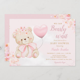 Convite Boho Teddy Bear Girl Pink Bearly Wait Baby Shower