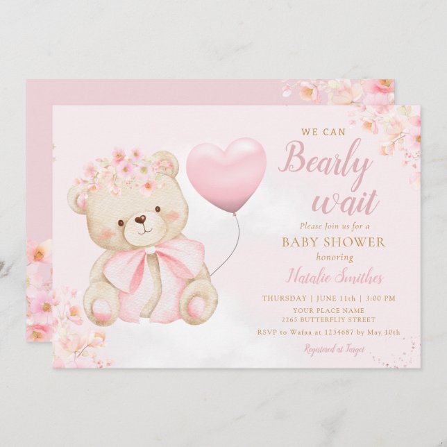Convite Boho Teddy Bear Girl Pink Bearly Wait Baby Shower (Frente/Verso)