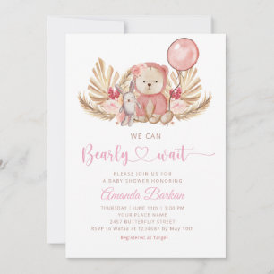 Convite Boho Teddy Bear Girl Rosa BearChá de fraldas de Es