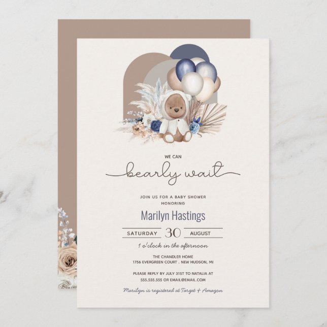 Convite Boho Teddy Bear, Podemos Brindar Esperar - Chá de  (Frente/Verso)